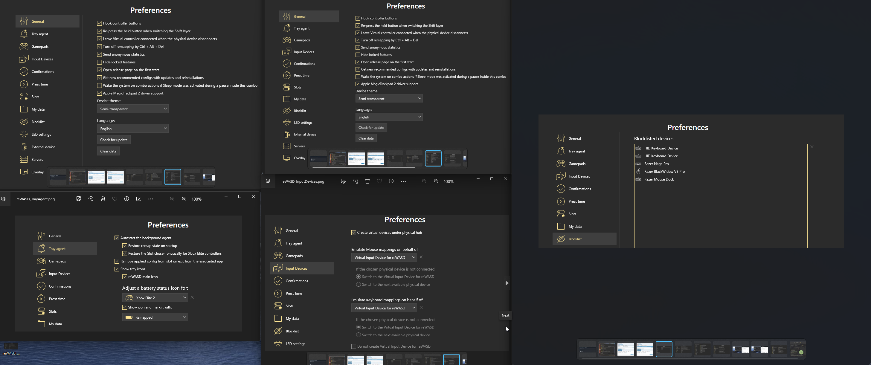 Several screenshots of settings in reWASD