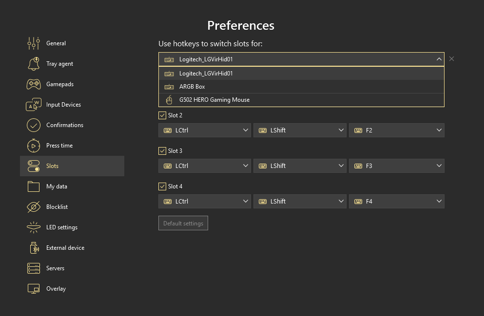 Dropdox selection of devices in Slots
